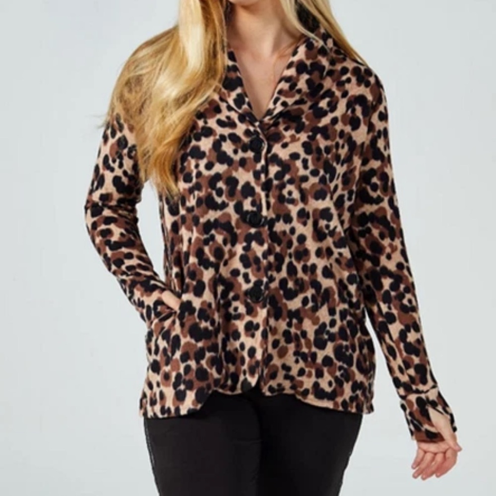 Cuddl Duds Women’s Fleecewear Stretch Animal Print Button Front Blazer Cardi M